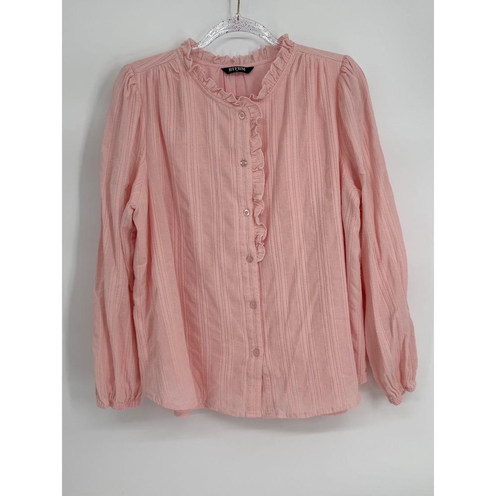 BTFBM Pink Ruffle Trim Button Down Blouse Textured Long Sleeve Top Sz XL